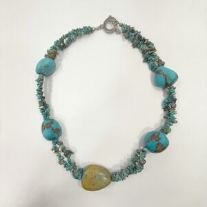 Chunky Faux Turquoise Large Nugget Stone Necklace Toggle Clasp  Blue Silver Tone